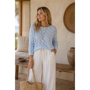 Pink Rose Blue Roll Neck Open Knit Crochet Sweater Small Diamond Boho Top